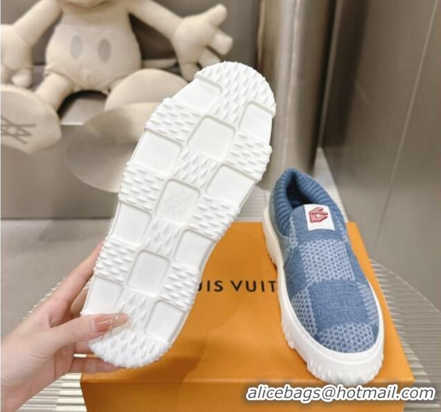 Sophisticated Louis Vuitton Men's LV Space Lander Slip On Sneakers in Damier Denim Light Blue 724101