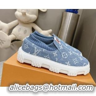 Luxury Louis Vuitton Men's LV Space Lander Slip On Sneakers in Monogram Denim Light Blue 724103