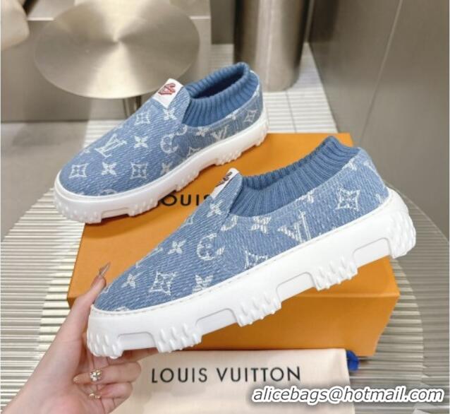 Luxury Louis Vuitton Men's LV Space Lander Slip On Sneakers in Monogram Denim Light Blue 724103