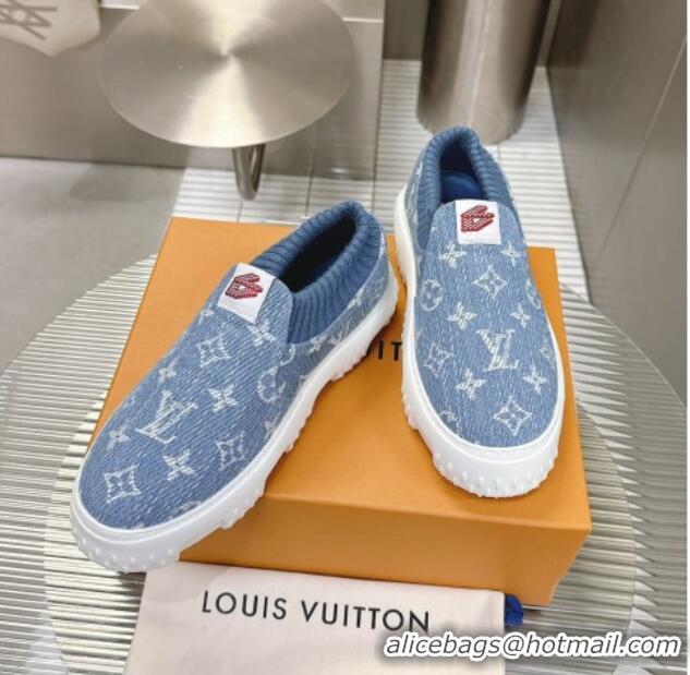 Luxury Louis Vuitton Men's LV Space Lander Slip On Sneakers in Monogram Denim Light Blue 724103