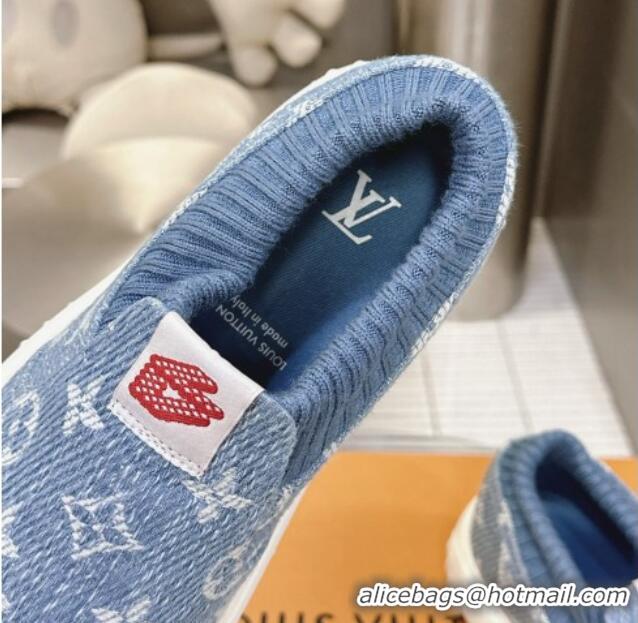 Luxury Louis Vuitton Men's LV Space Lander Slip On Sneakers in Monogram Denim Light Blue 724103