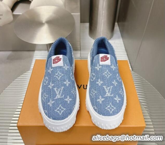 Luxury Louis Vuitton Men's LV Space Lander Slip On Sneakers in Monogram Denim Light Blue 724103