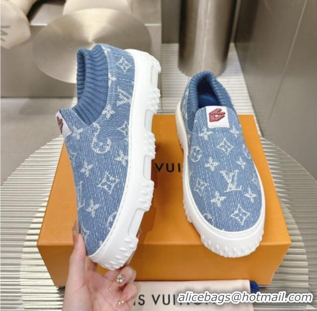 Luxury Louis Vuitton Men's LV Space Lander Slip On Sneakers in Monogram Denim Light Blue 724103