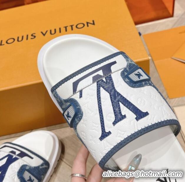 Good Quality Louis Vuitton Men's Flat Slides Sandal in Denim and Leather Light Blue 724105