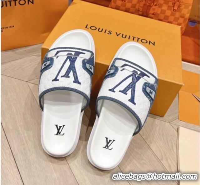 Good Quality Louis Vuitton Men's Flat Slides Sandal in Denim and Leather Light Blue 724105