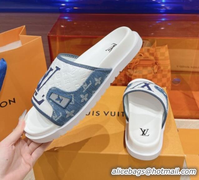 Good Quality Louis Vuitton Men's Flat Slides Sandal in Denim and Leather Light Blue 724105