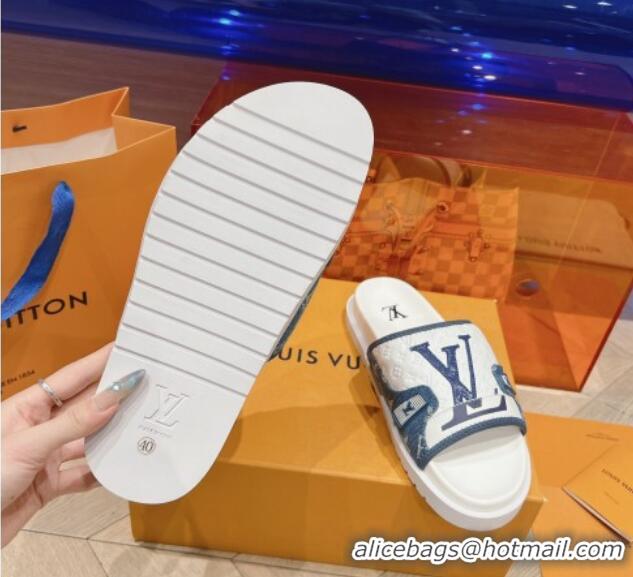 Good Quality Louis Vuitton Men's Flat Slides Sandal in Denim and Leather Light Blue 724105