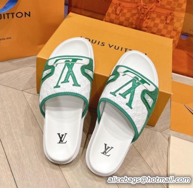 Good Product Louis Vuitton Men's Flat Slides Sandal in Denim and Leather Green 724106