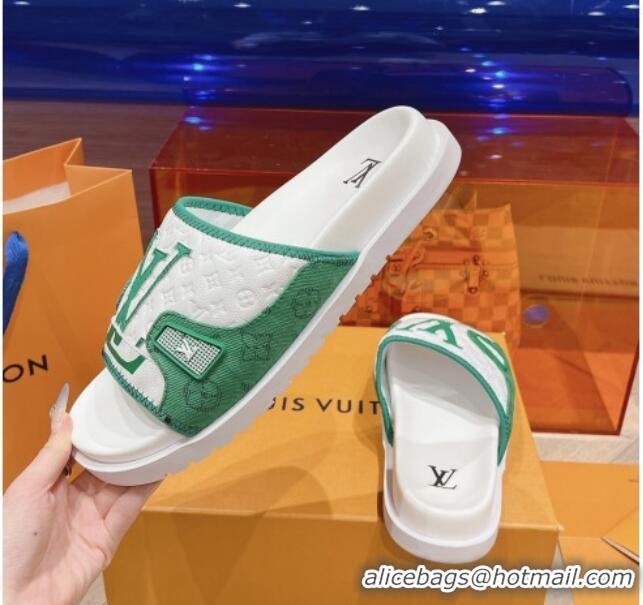 Good Product Louis Vuitton Men's Flat Slides Sandal in Denim and Leather Green 724106