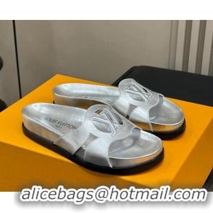 Top Design Louis Vuitton LV Isola Flat Comfort Slides Sandal in Calf Leather Silver 0724109