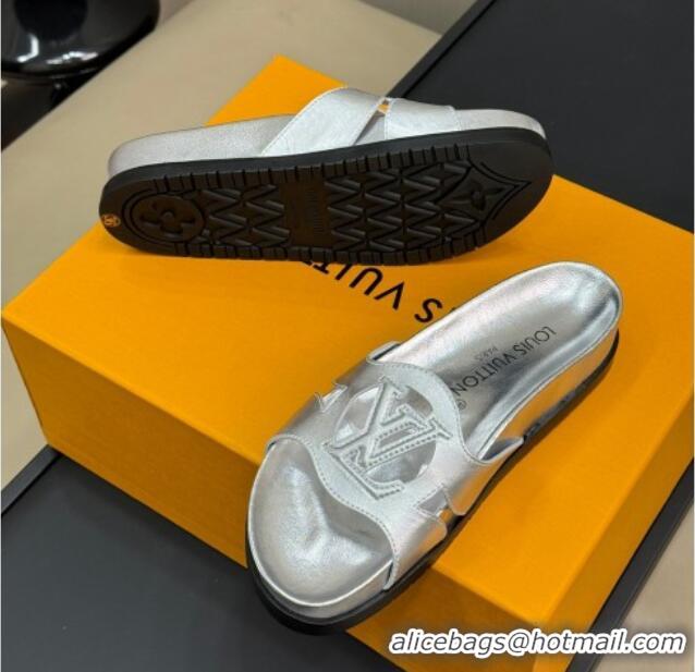 Top Design Louis Vuitton LV Isola Flat Comfort Slides Sandal in Calf Leather Silver 0724109