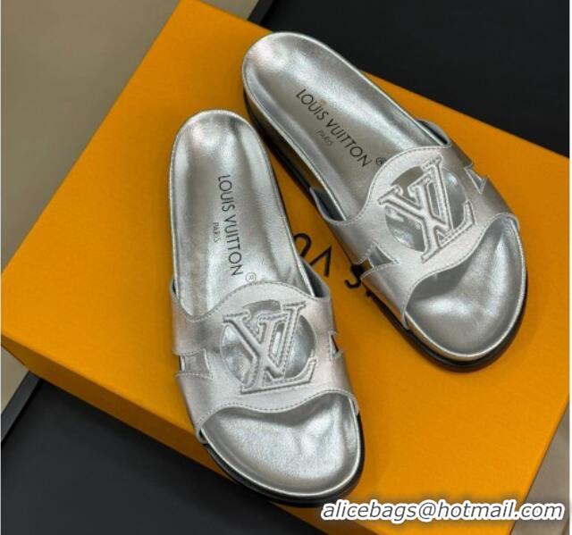 Top Design Louis Vuitton LV Isola Flat Comfort Slides Sandal in Calf Leather Silver 0724109