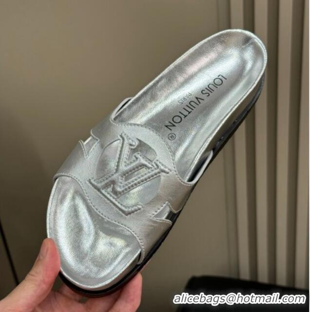 Top Design Louis Vuitton LV Isola Flat Comfort Slides Sandal in Calf Leather Silver 0724109