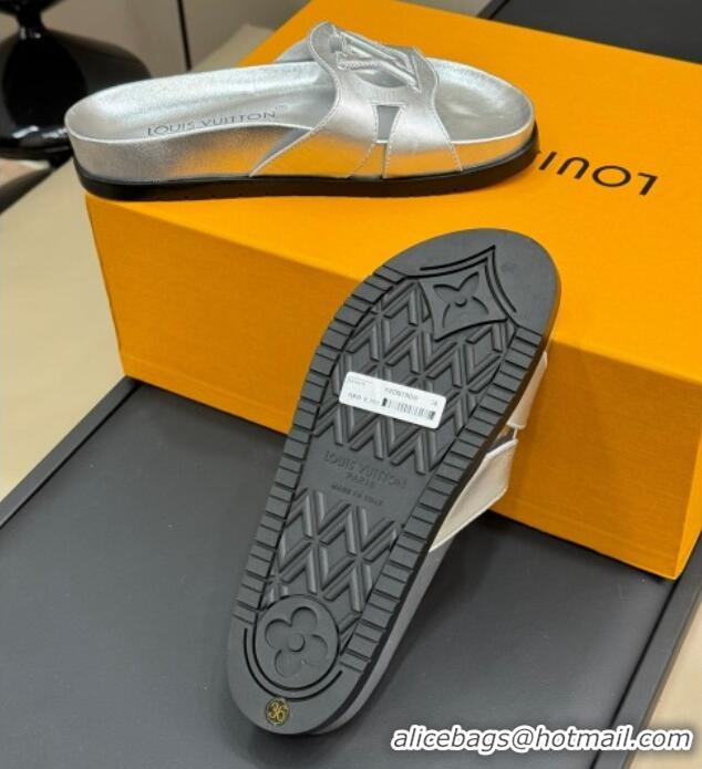 Top Design Louis Vuitton LV Isola Flat Comfort Slides Sandal in Calf Leather Silver 0724109