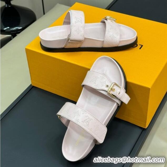 Durable Louis Vuitton Bom Dia Flat Comfort Slides Sandal in Perforated Mahina Calfskin Light Pink 724112