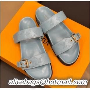 Best Price Louis Vuitton Bom Dia Flat Comfort Slides Sandal in Perforated Mahina Calfskin Grey 724113