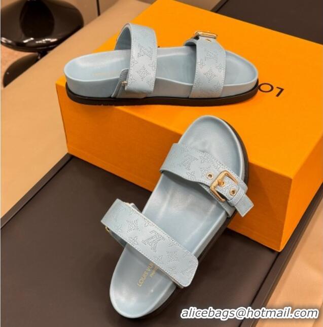 Best Price Louis Vuitton Bom Dia Flat Comfort Slides Sandal in Perforated Mahina Calfskin Grey 724113