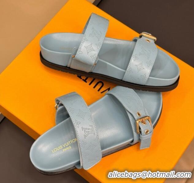 Best Price Louis Vuitton Bom Dia Flat Comfort Slides Sandal in Perforated Mahina Calfskin Grey 724113