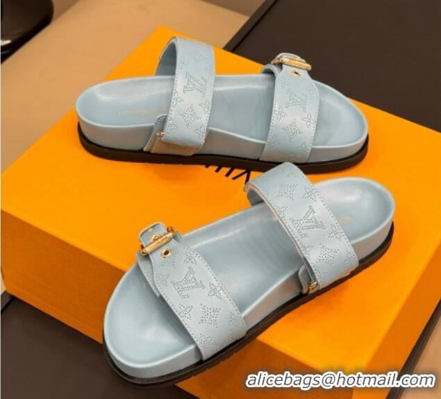 Best Price Louis Vuitton Bom Dia Flat Comfort Slides Sandal in Perforated Mahina Calfskin Grey 724113