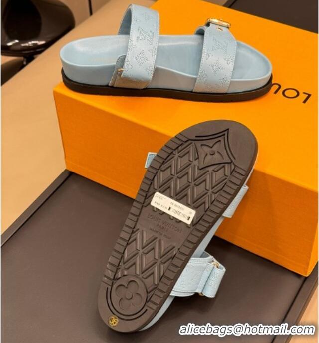 Best Price Louis Vuitton Bom Dia Flat Comfort Slides Sandal in Perforated Mahina Calfskin Grey 724113