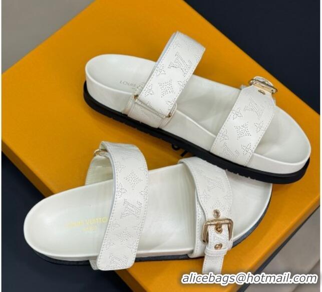 Good Looking Louis Vuitton Bom Dia Flat Comfort Slides Sandal in Perforated Mahina Calfskin White 0724114