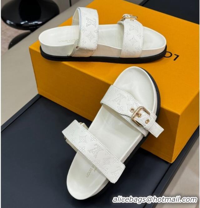 Good Looking Louis Vuitton Bom Dia Flat Comfort Slides Sandal in Perforated Mahina Calfskin White 0724114