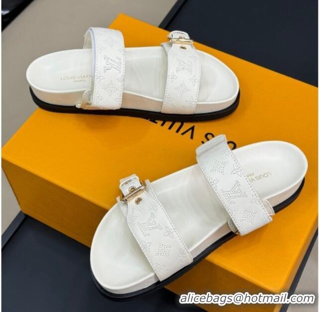 Good Looking Louis Vuitton Bom Dia Flat Comfort Slides Sandal in Perforated Mahina Calfskin White 0724114