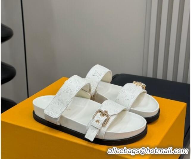 Good Looking Louis Vuitton Bom Dia Flat Comfort Slides Sandal in Perforated Mahina Calfskin White 0724114