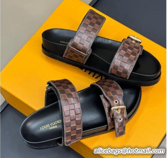 Unique Style Louis Vuitton Bom Dia Flat Comfort Slides Sandal in Damier Leather Brown 0724115