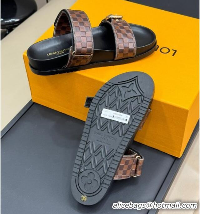 Unique Style Louis Vuitton Bom Dia Flat Comfort Slides Sandal in Damier Leather Brown 0724115