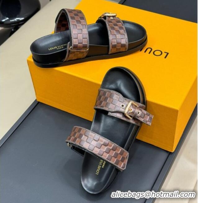 Unique Style Louis Vuitton Bom Dia Flat Comfort Slides Sandal in Damier Leather Brown 0724115