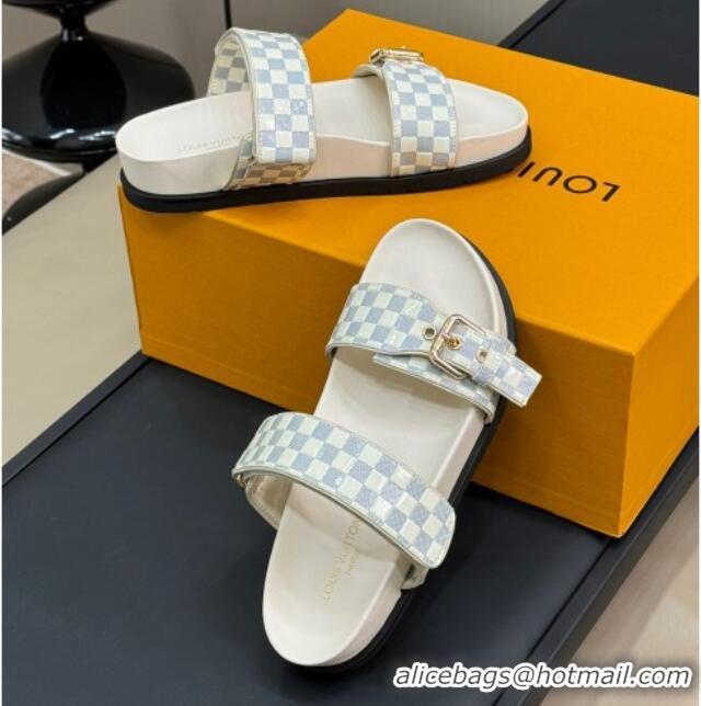 Low Cost Louis Vuitton Bom Dia Flat Comfort Slides Sandal in Damier Leather White 724116