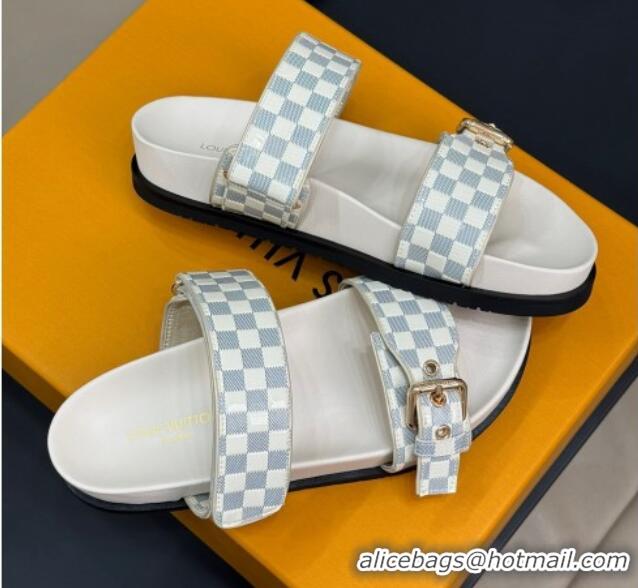 Low Cost Louis Vuitton Bom Dia Flat Comfort Slides Sandal in Damier Leather White 724116