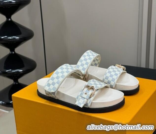 Low Cost Louis Vuitton Bom Dia Flat Comfort Slides Sandal in Damier Leather White 724116