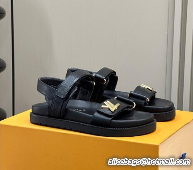 Purchase Louis Vuitton LV Sunset Flat Comfort Sandals in Grained Leather Black 0724119