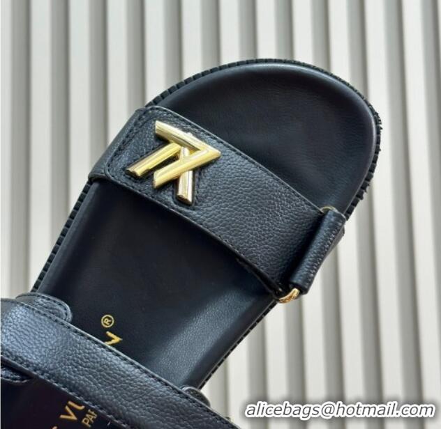 Purchase Louis Vuitton LV Sunset Flat Comfort Sandals in Grained Leather Black 0724119