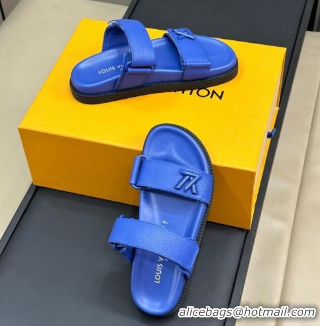 Good Quality Louis Vuitton LV Sunset Flat Comfort Slides Sandal in Calf Leather Blue 0724120