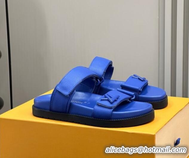 Good Quality Louis Vuitton LV Sunset Flat Comfort Slides Sandal in Calf Leather Blue 0724120