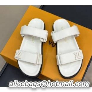 Stylish Louis Vuitton LV Sunset Flat Comfort Slides Sandal in Calf Leather White 724122