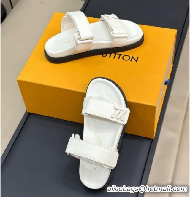 Stylish Louis Vuitton LV Sunset Flat Comfort Slides Sandal in Calf Leather White 724122