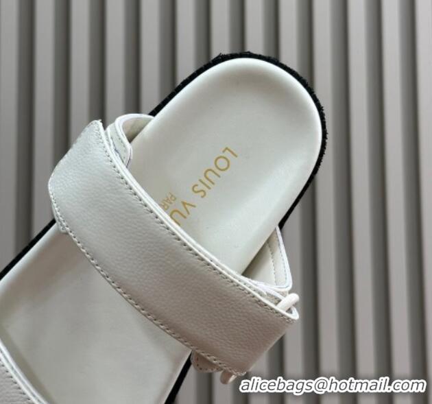 Stylish Louis Vuitton LV Sunset Flat Comfort Slides Sandal in Calf Leather White 724122