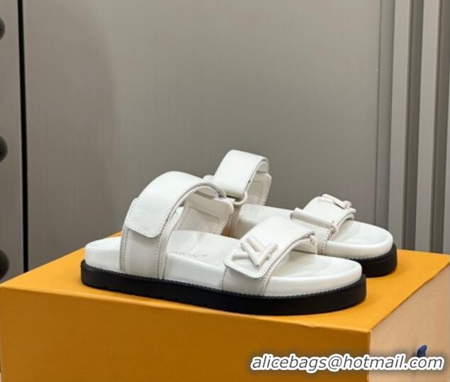 Stylish Louis Vuitton LV Sunset Flat Comfort Slides Sandal in Calf Leather White 724122