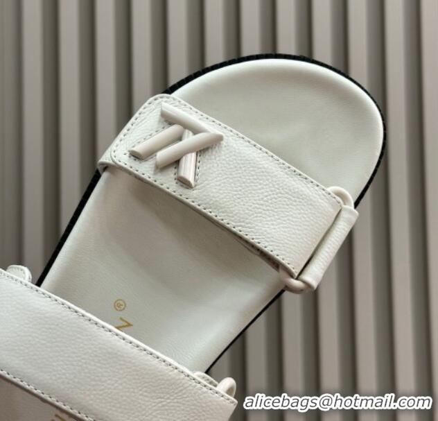 Stylish Louis Vuitton LV Sunset Flat Comfort Slides Sandal in Calf Leather White 724122