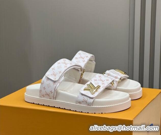 Shop Duplicate Louis Vuitton LV Sunset Flat Comfort Slides Sandal in Mini-Monogram Canvas White 724124