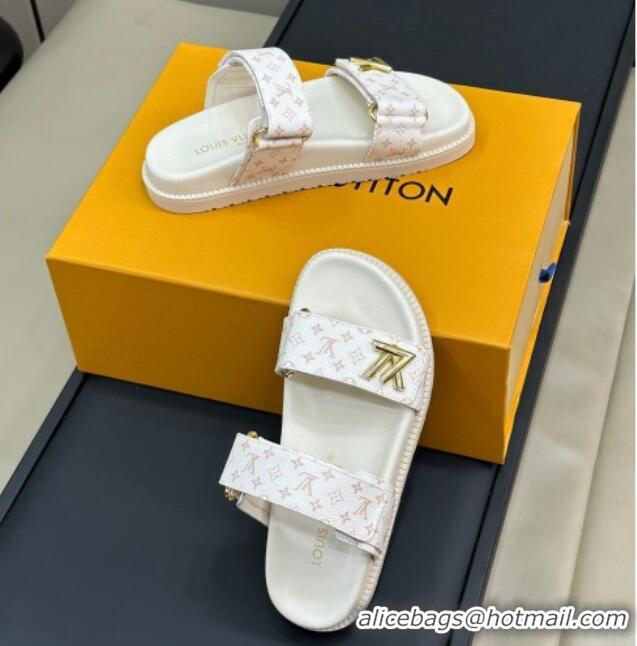 Shop Duplicate Louis Vuitton LV Sunset Flat Comfort Slides Sandal in Mini-Monogram Canvas White 724124