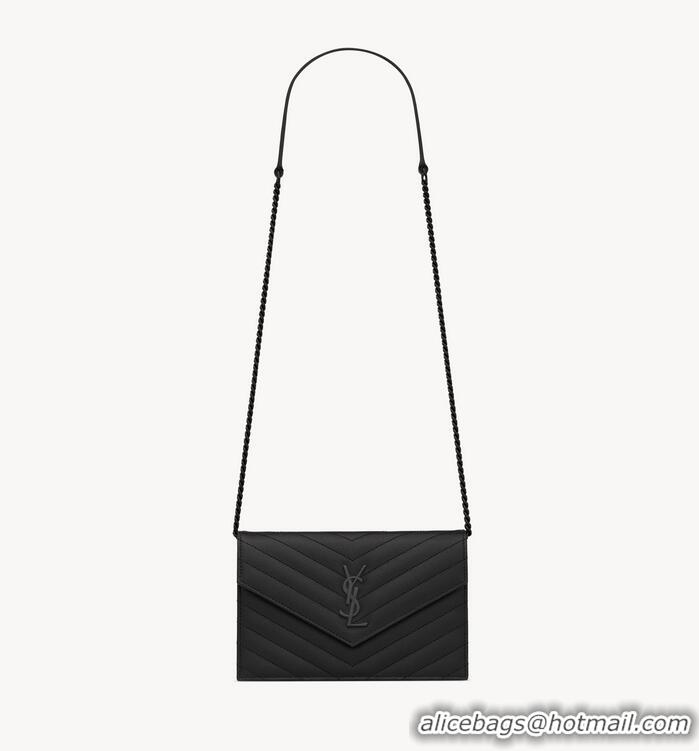 Famous Brand SAINT LAURENT CASSANDRE ENVELOPE CHAIN WALLET IN GRAIN DE POUDRE LEATHER Y742920 Noir