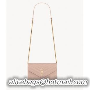 Super Quality SAINT LAURENT CASSANDRE ENVELOPE CHAIN WALLET IN GRAIN DE POUDRE LEATHER Y742920 PALE PINK