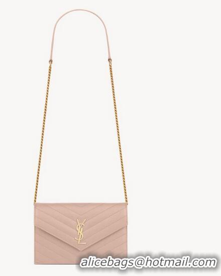 Super Quality SAINT LAURENT CASSANDRE ENVELOPE CHAIN WALLET IN GRAIN DE POUDRE LEATHER Y742920 PALE PINK