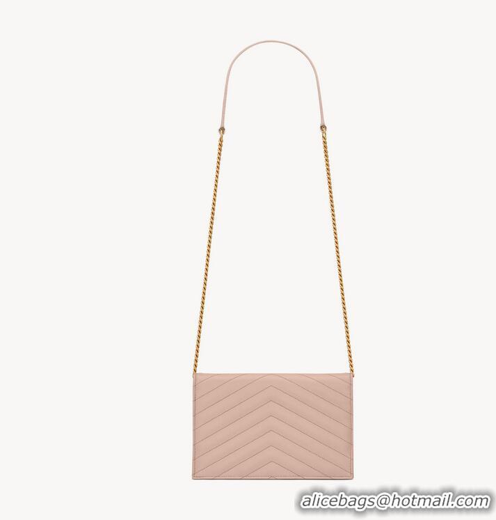 Super Quality SAINT LAURENT CASSANDRE ENVELOPE CHAIN WALLET IN GRAIN DE POUDRE LEATHER Y742920 PALE PINK