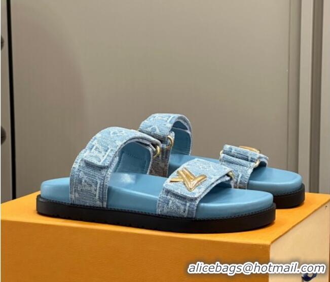 Low Cost Louis Vuitton LV Sunset Flat Comfort Slides Sandal in Blue Bleached Denim 724125